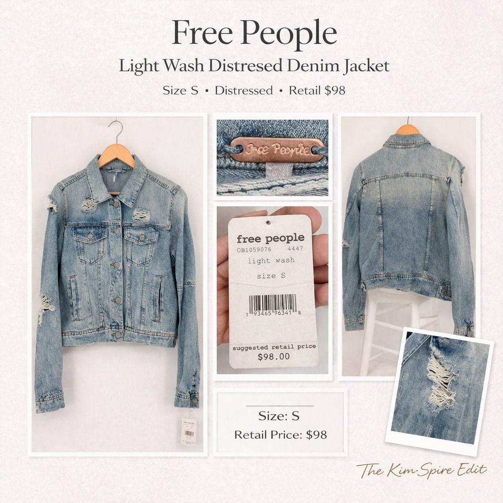 Free People Distressed Denim Jacket‎ Light Wash Blue Womens Size Small